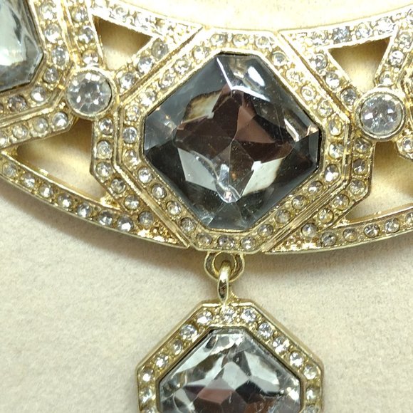 Gold Bar Necklace with Large Smoky Rhinestones Surrounded by Clear Rhinestones - Picture 8 of 8